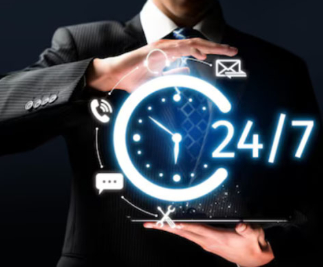 Businessman in a suit holding a digital display showing "24/7" with clock and communication icons, representing instant cash advance and payday loans available anytime.