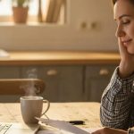 Woman reviewing documents while sitting at a table with a steaming cup, reflecting on loan options and personal finance management.