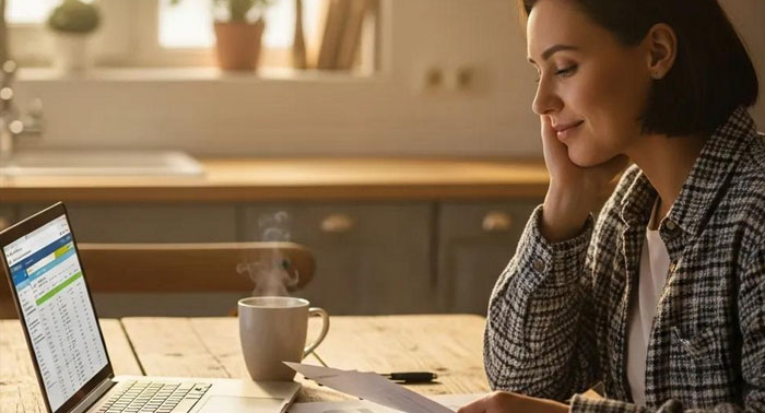 Woman reviewing documents while using a laptop to explore payday loan options, with coffee cup in a cozy kitchen setting.