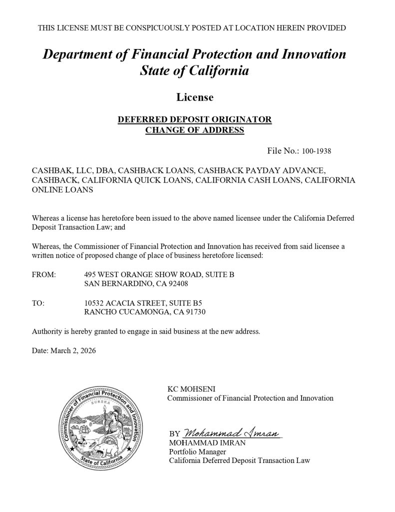 Department of Financial Protection and Innovation license document for California Online Loans, detailing change of address for deferred deposit originator, with official signatures and state seal.