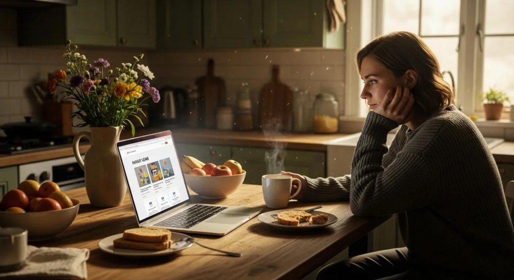 Woman sitting at a kitchen table, contemplating while viewing a laptop displaying payday loan options, with coffee and breakfast items nearby, in a cozy home setting.