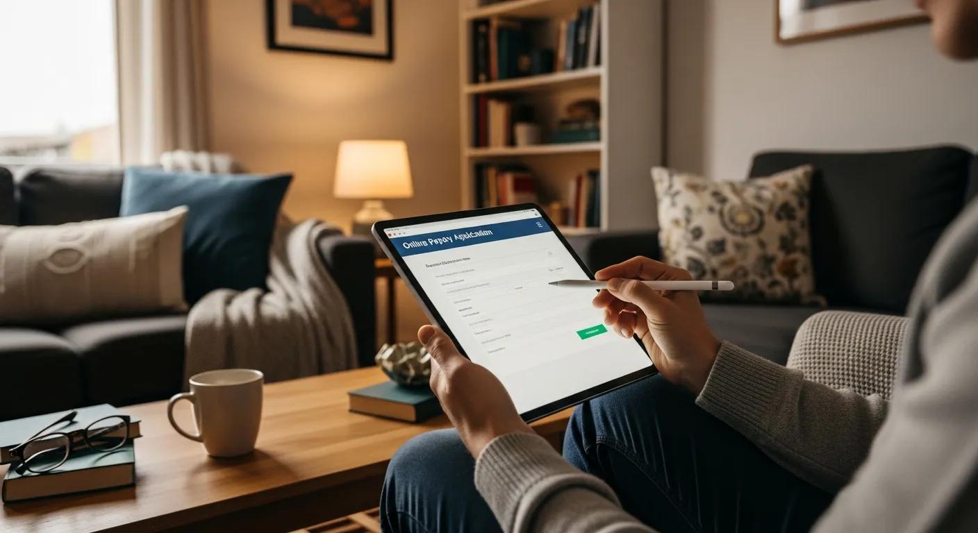 Person completing an online payday loan application on a tablet, showcasing a cozy living room setting with a coffee cup and books nearby.