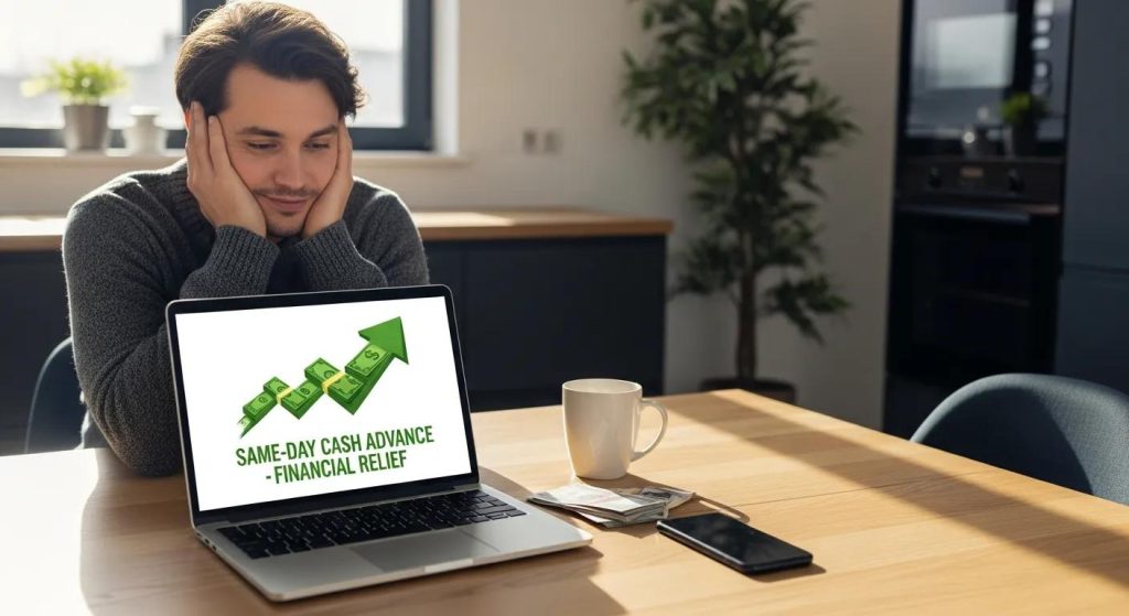 Man looking at laptop displaying "Same-Day Cash Advance - Financial Relief," with cash and coffee on table, representing financial assistance options for bad credit in California.