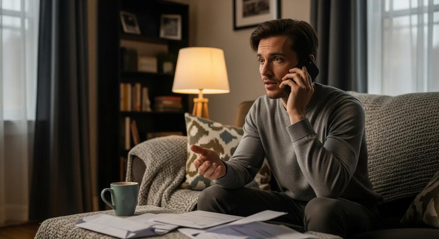 Person discussing payday loan responsibilities on the phone in a cozy living room