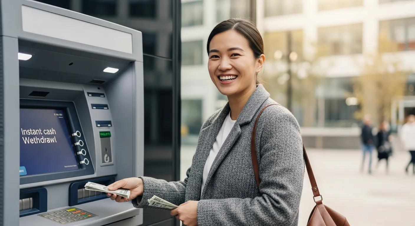 Woman smiling while using an ATM for instant cash withdrawal, illustrating quick access to funds for payday loans.