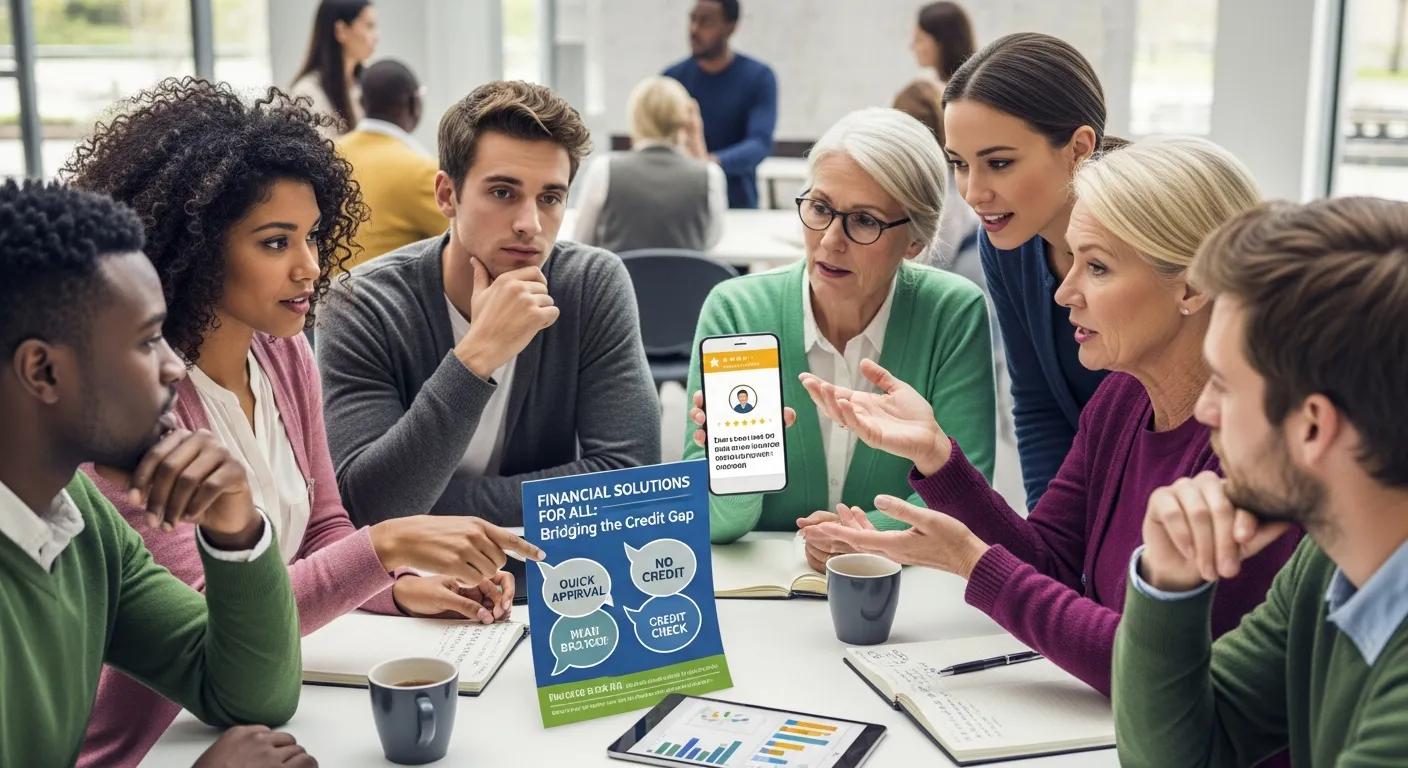 Group discussion about financial solutions, showcasing a smartphone displaying a lending app, with a poster highlighting quick approval, no credit check, and bridging the credit gap.