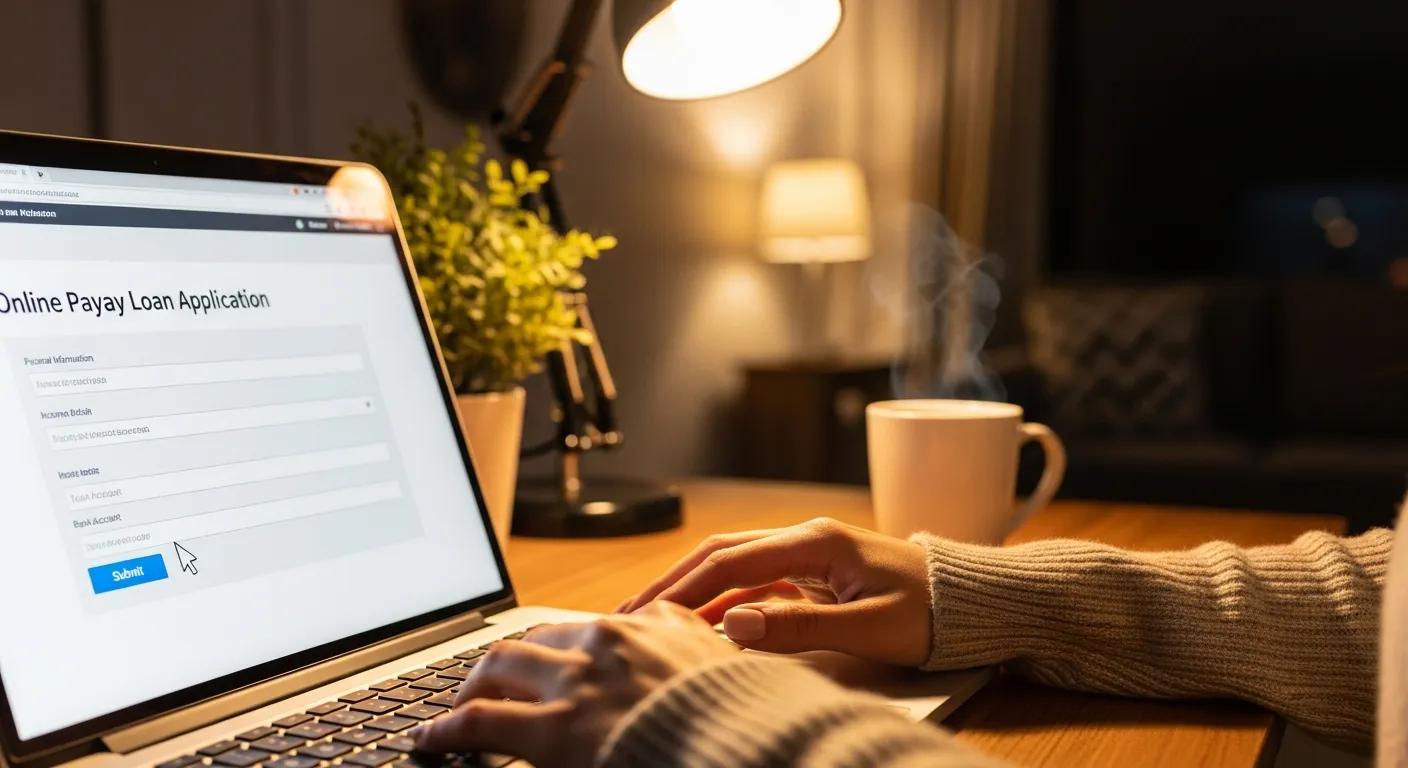 Close-up of hands completing an online payday loan application in a cozy setting