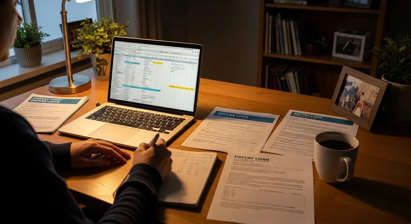 Person calculating expenses with payday loan documents in a cozy home office