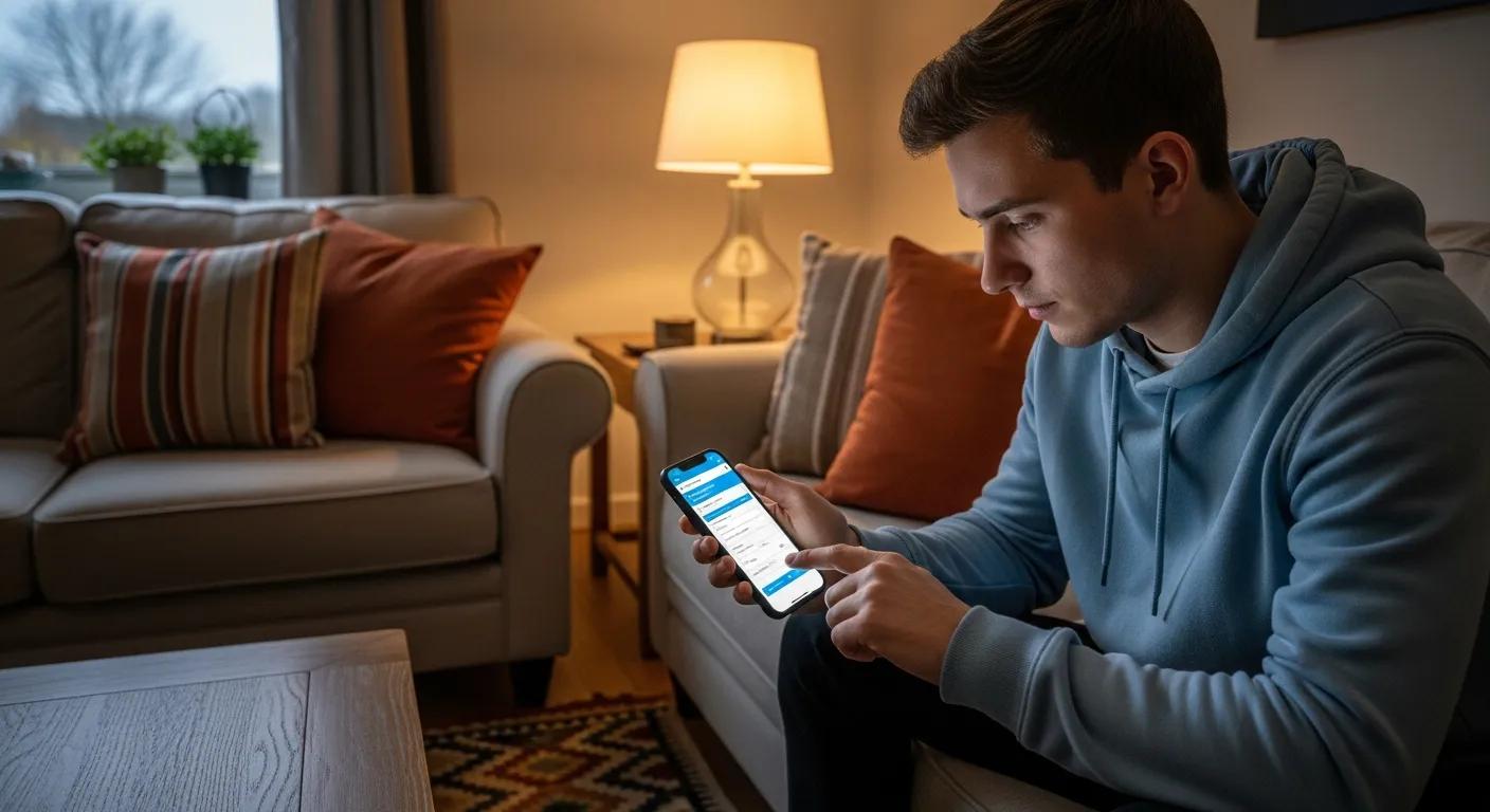 Young man using smartphone to manage payday loan application in cozy living room setting with soft lighting and decorative pillows.