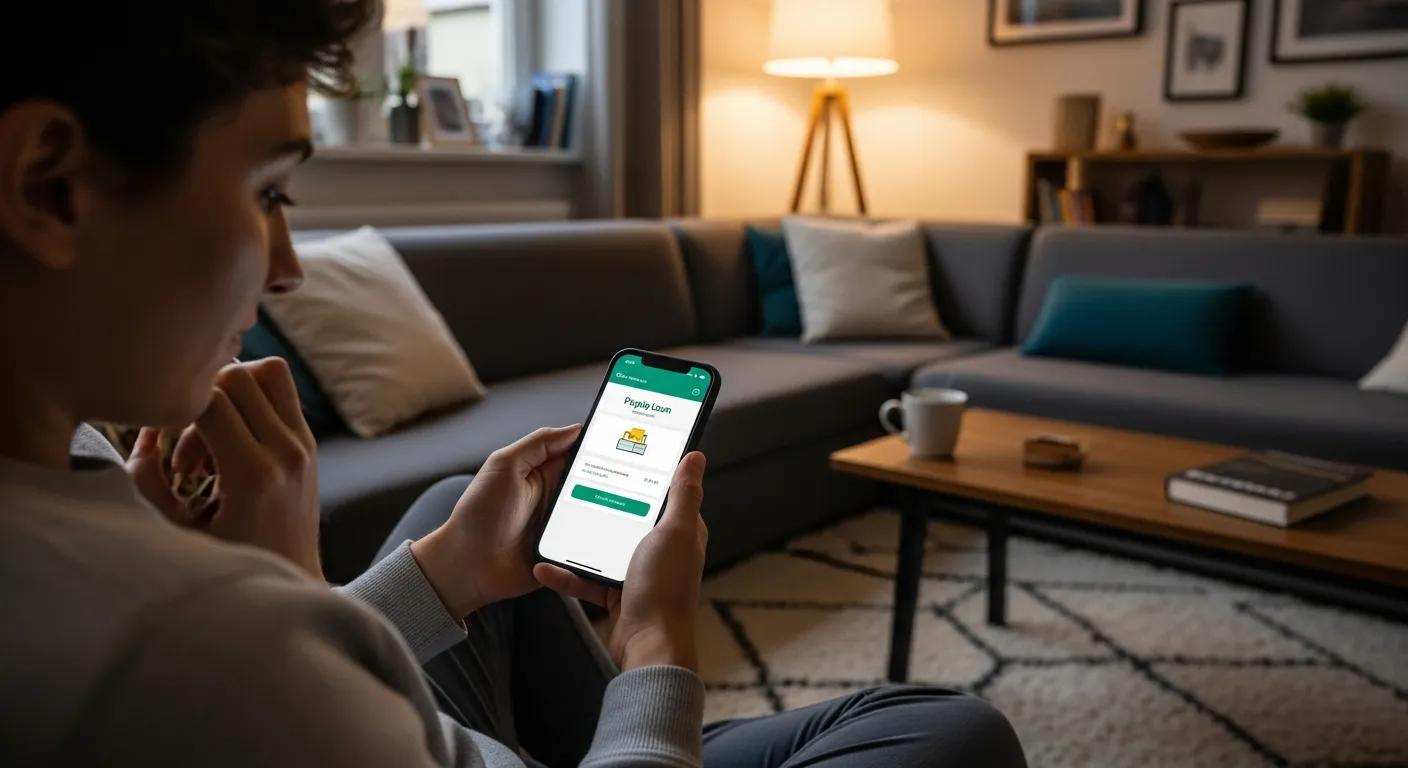 Person managing payday loan through a smartphone in a cozy living room