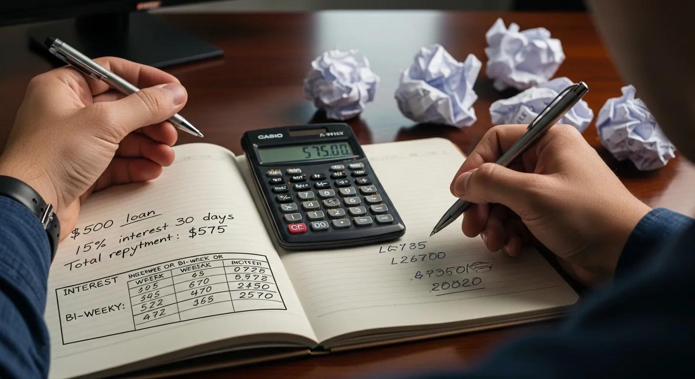 Person calculating payday loan costs with a calculator and notebook, detailing a 0 loan at 15% interest, total repayment of 5, and interest structure for weekly and bi-weekly payments.