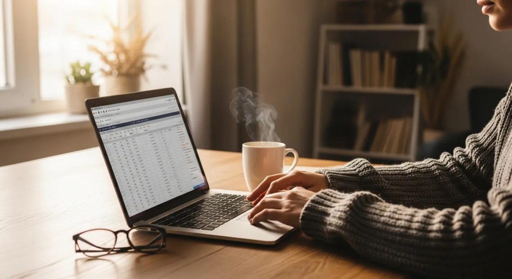 Person typing on laptop with spreadsheet on screen, coffee cup nearby, in a cozy indoor setting, illustrating online application process for same-day cash advances in California.