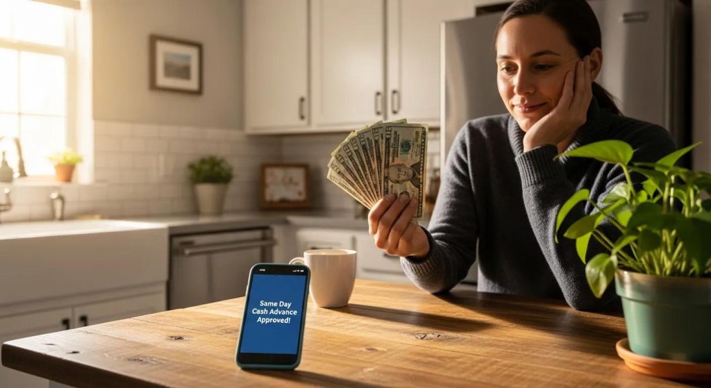 Woman contemplating cash and smartphone displaying "Same Day Cash Advance Approved!" in a kitchen setting, highlighting the benefits of instant cash advances in California.