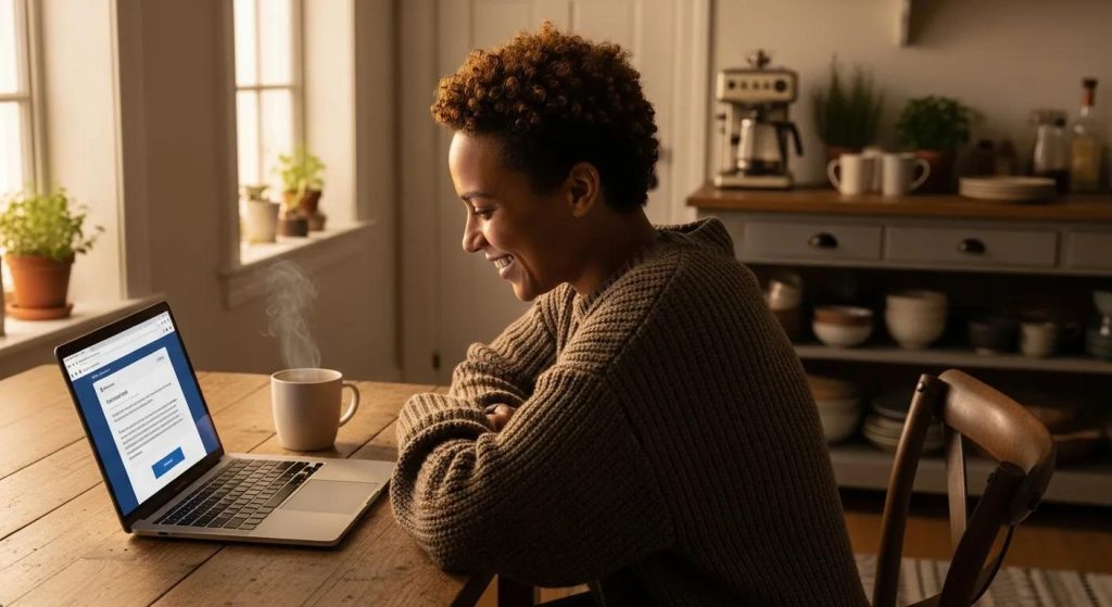 Person smiling while using a laptop at home, with a coffee cup and a cozy kitchen setting, reflecting the theme of applying for same-day cash advances.