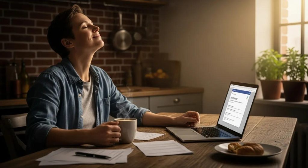 Cozy kitchen scene with a person relieved by financial assistance, laptop and coffee