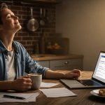 Person enjoying a moment of relaxation while working on a laptop at home, surrounded by paperwork and a cup of coffee, illustrating the convenience of online loans and financial assistance.
