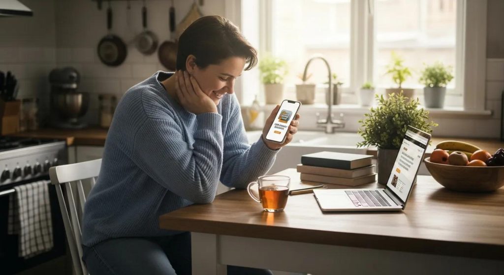 Cozy kitchen scene with a person relieved by online cash advance solutions