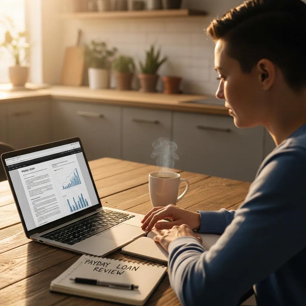 Cozy kitchen scene with a person reviewing payday loan documents on a laptop