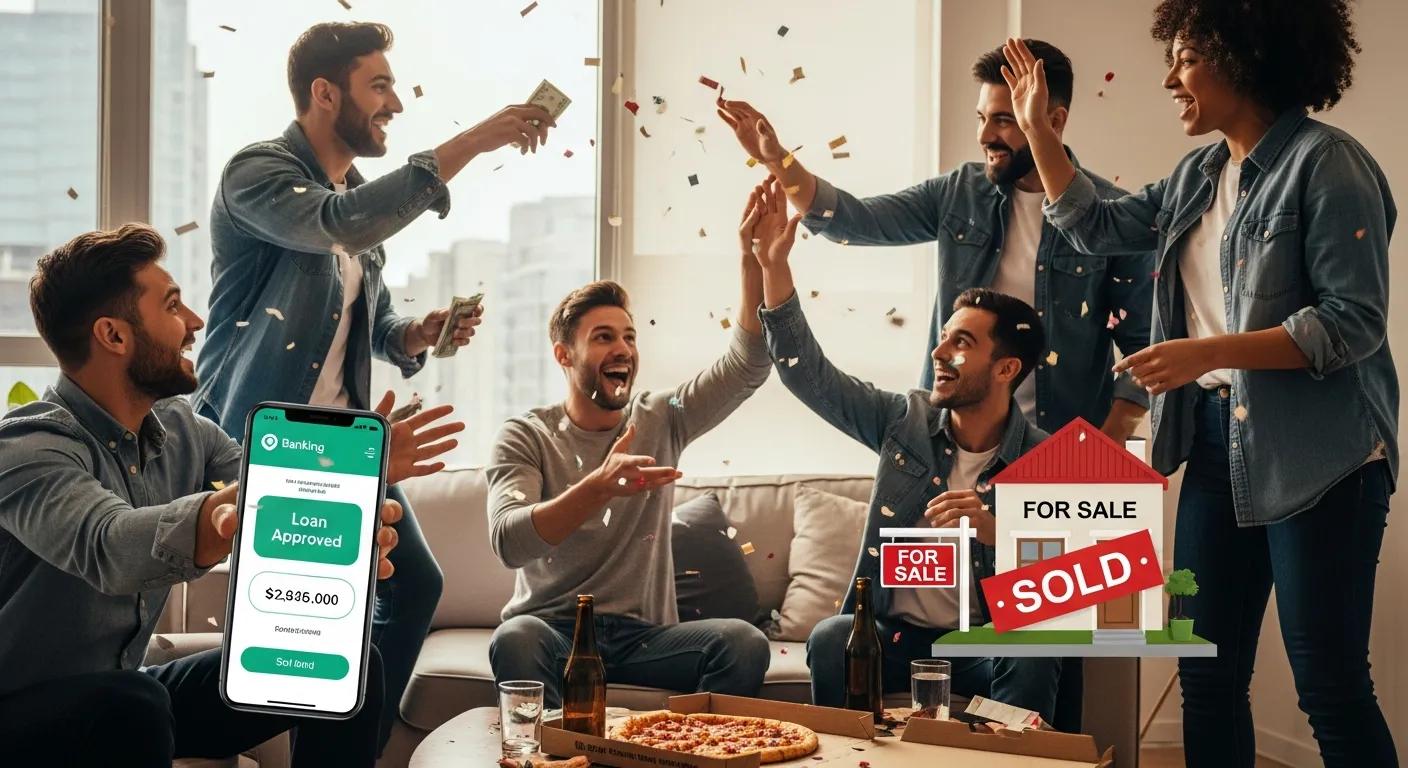 Group of friends celebrating with confetti, holding cash and a smartphone displaying "Loan Approved" for ,936,000, alongside a graphic of a house labeled "FOR SALE" and "SOLD," illustrating the excitement of obtaining a payday loan for home purchase.