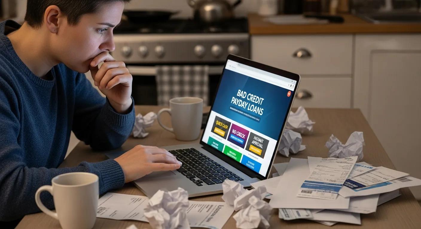Person concerned about bills, exploring options for bad credit payday loans