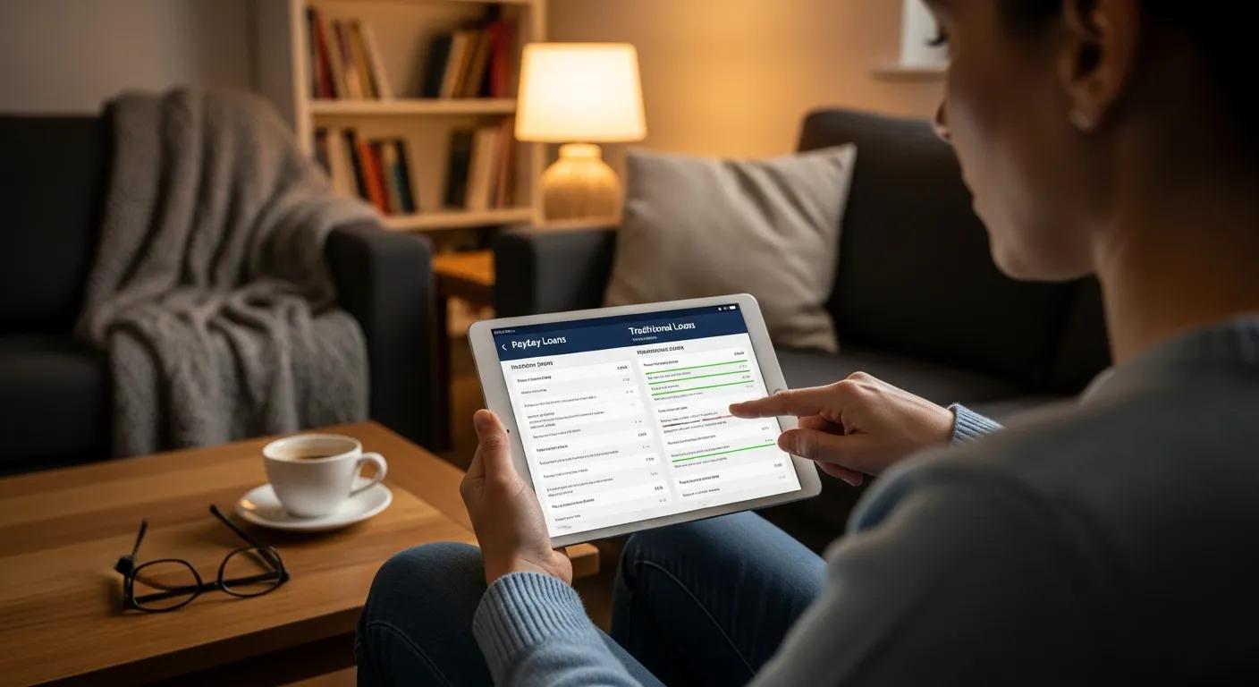 Person using a tablet to compare payday loans and traditional loans, with a cup of coffee and glasses on a wooden table, in a cozy living room setting.