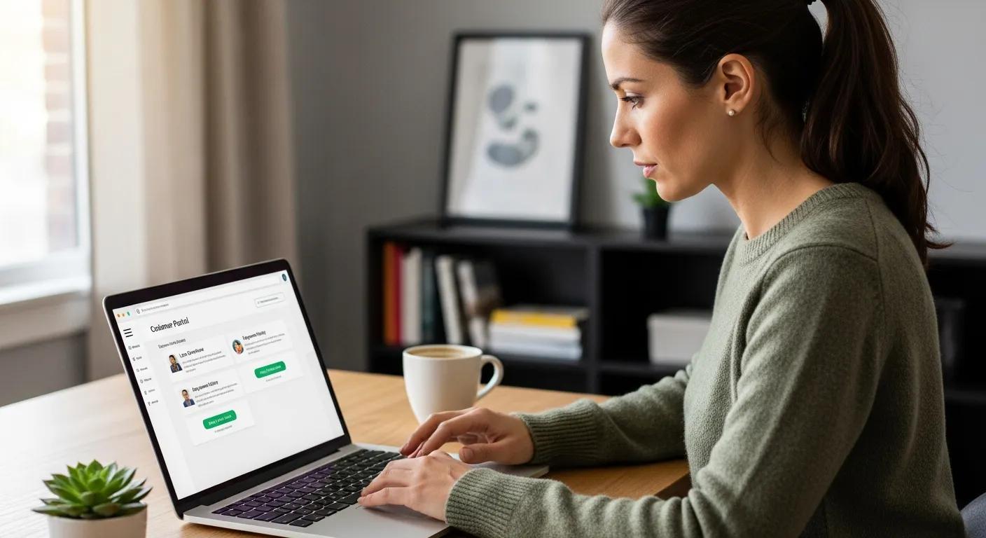 Woman using a laptop to access a customer portal for loan management, featuring loan tracking and payment options, with a coffee cup on a wooden table.