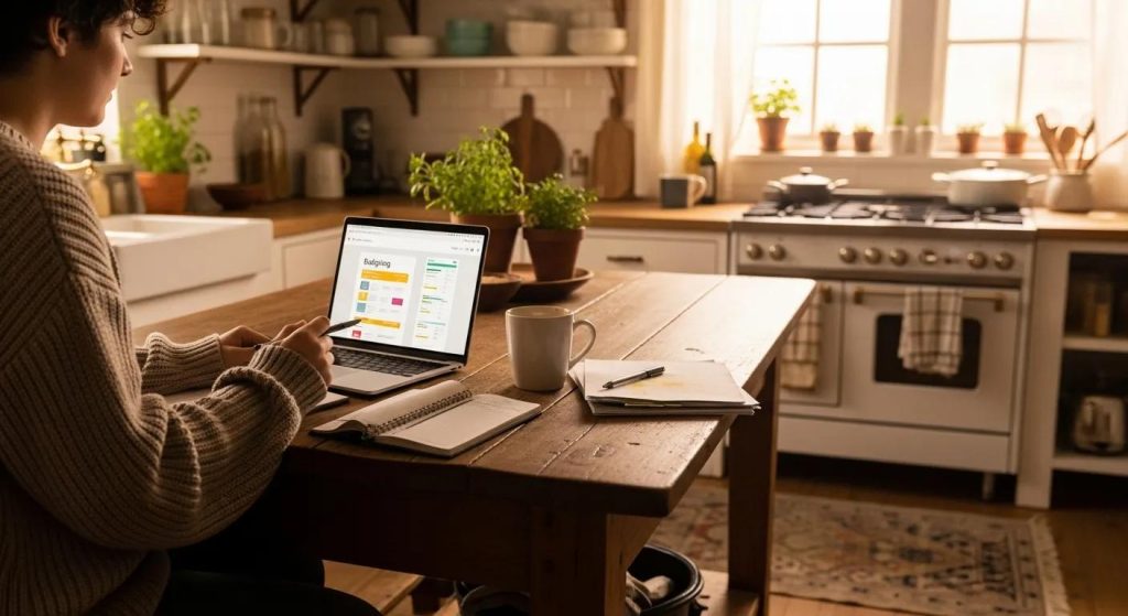 Person in a cozy kitchen working on a laptop, focusing on budgeting, with a notebook and coffee cup on the table, surrounded by plants and a modern kitchen setup.