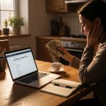 Person at kitchen table with cash and laptop, representing same day cash advance