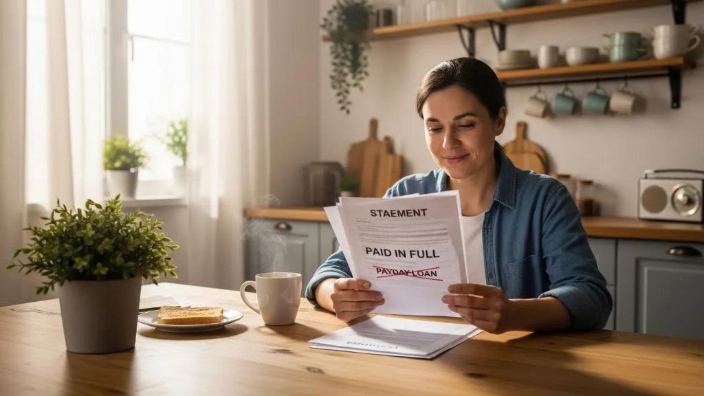 Person reviewing payday loan statement marked "Paid in Full" at kitchen table with coffee and toast, emphasizing financial management and loan repayment.