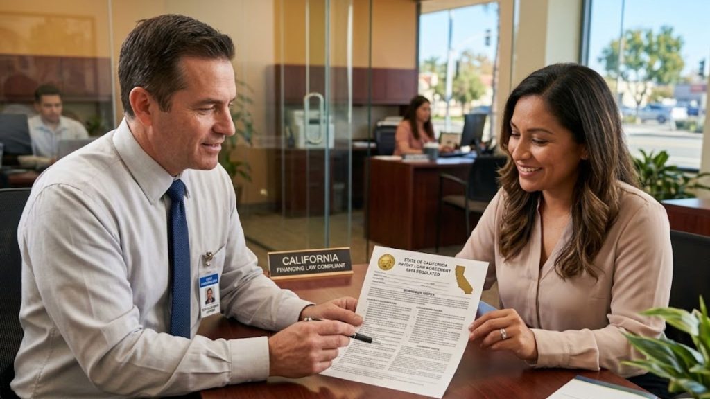 Man and woman discussing California payday loan regulations, reviewing document in financial office setting, promoting borrower protections.