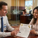 Man and woman discussing California payday loan regulations while reviewing a document in a financial office setting.