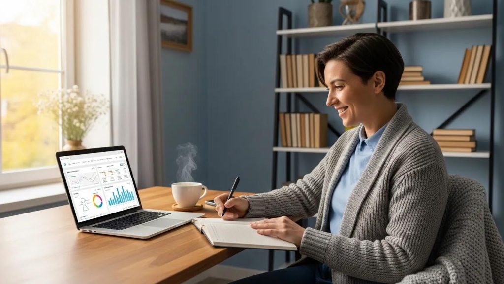Woman analyzing financial data on laptop while taking notes, with coffee cup on desk, in a home office setting, reflecting themes of fast online loans and financial management in California.