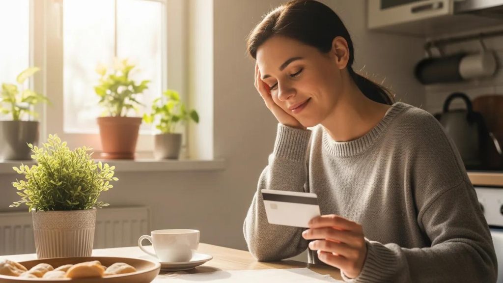 Woman smiling while holding a prepaid debit card, sitting at a table with a cup of coffee and cookies, in a bright kitchen, illustrating the convenience of using debit cards for instant payday loan funding in California.