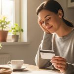 Person holding a prepaid debit card while contemplating options for obtaining fast online payday loans in California, with a cup of coffee and a plant in the background.