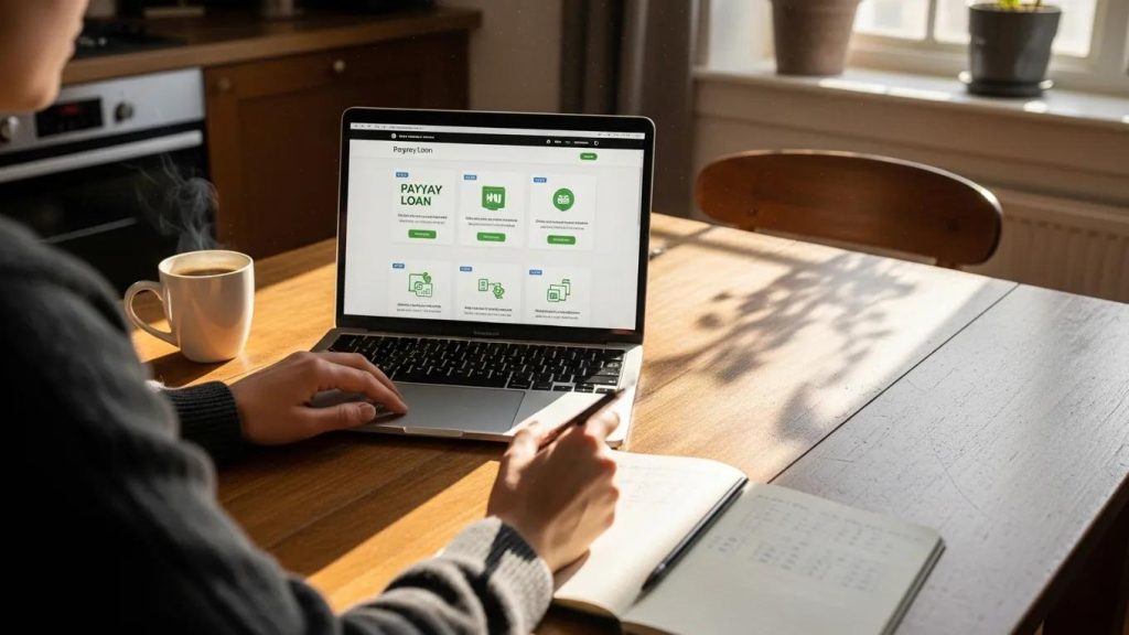 Person using a laptop to explore payday loan options, coffee cup and notebook on wooden table, emphasizing California Online Loans application process.