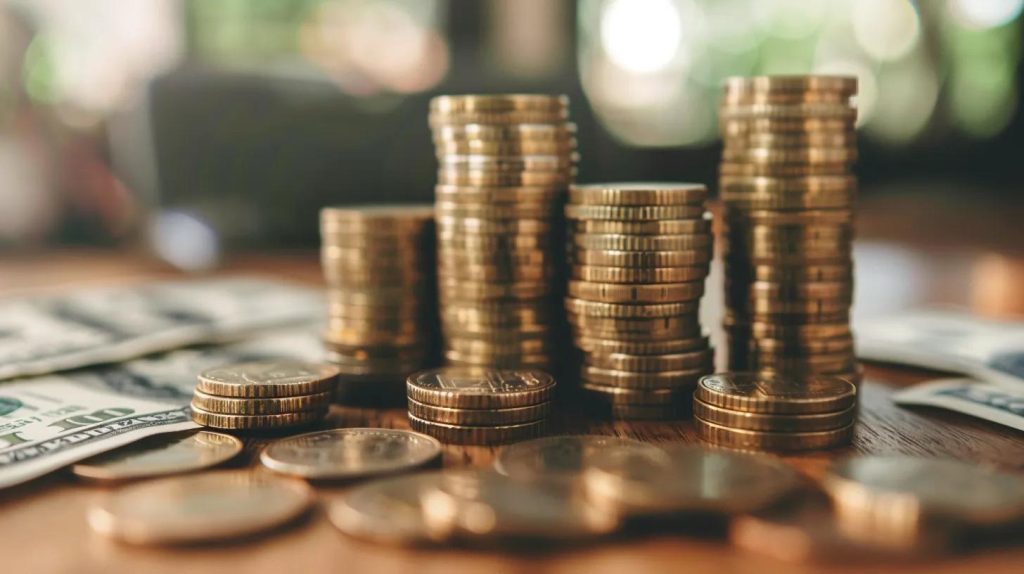 Stacks of coins and scattered dollar bills on a wooden surface, representing financial resources relevant to comparing installment loans and fast cash advances in California.