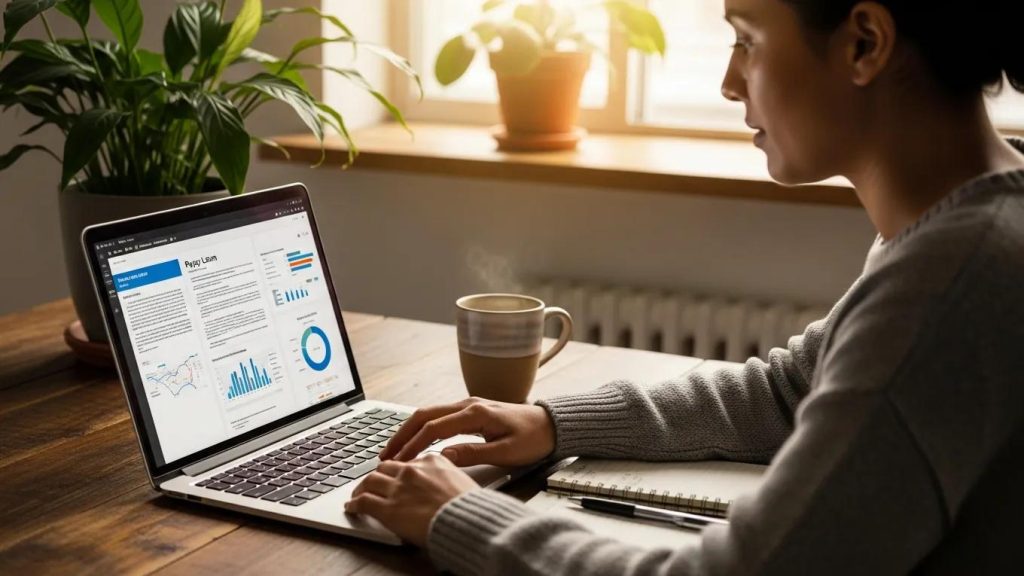 Woman working on laptop displaying payday loan repayment strategies, coffee cup nearby, indoor setting with plants, emphasizing financial planning and responsible borrowing.
