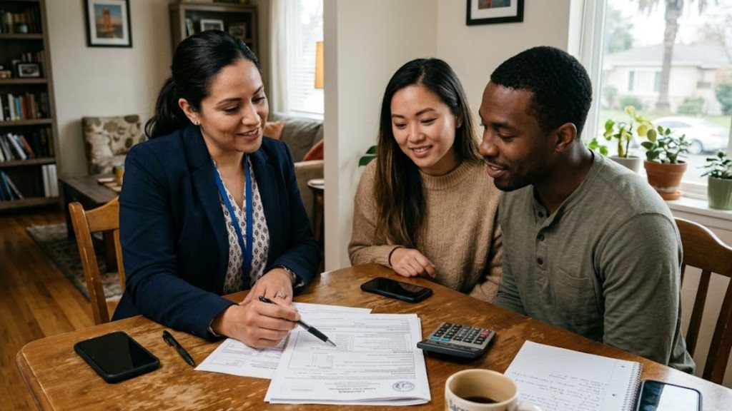Woman assisting a couple with payday loan application documents at a table, featuring a calculator, smartphones, and a coffee cup, emphasizing financial guidance in California.
