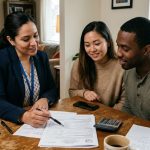 Financial advisor assisting a couple with loan documents at home, discussing payday loan options and eligibility in California.