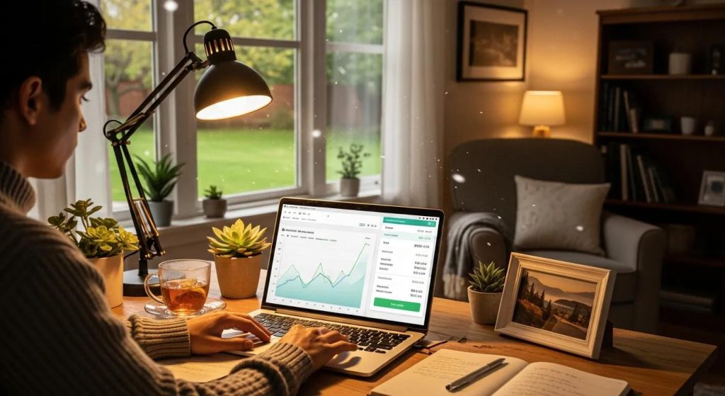 Person analyzing financial data on laptop in cozy home office, showcasing cash flow charts and plants, relevant to same day cash advances for gig workers and freelancers in California.
