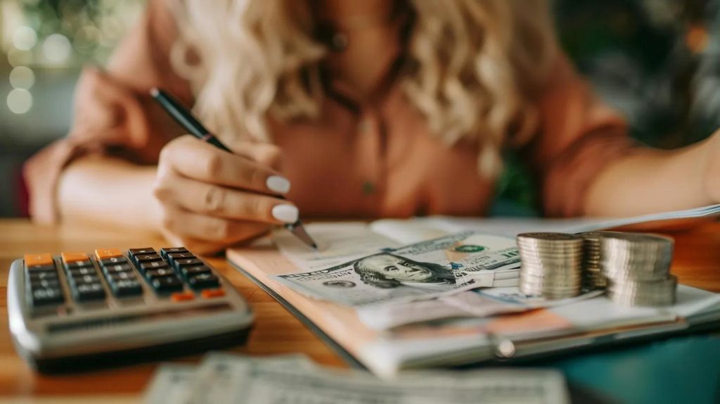 Person writing notes with a pen on financial documents, surrounded by cash and coins, with a calculator nearby, illustrating the financial planning involved in understanding payday loan rates and fees in California.
