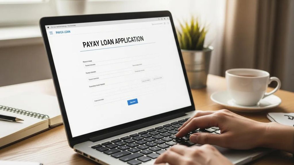 Laptop displaying a payday loan application form, with a person's hand typing, coffee cup, and notebook in a home office setting, emphasizing the online application process for payday loans in California.