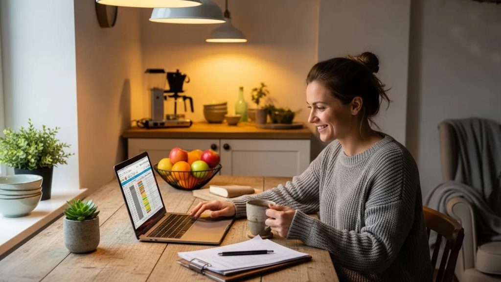 Person working on a laptop in a cozy kitchen, analyzing data and holding a coffee cup, surrounded by fresh fruits and plants, illustrating the convenience of online loan applications in California.