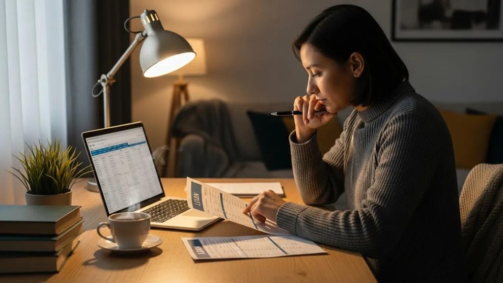 Woman analyzing documents at a desk with a laptop, focused on understanding credit score requirements for online loans in California, with a coffee cup and plant in the background.