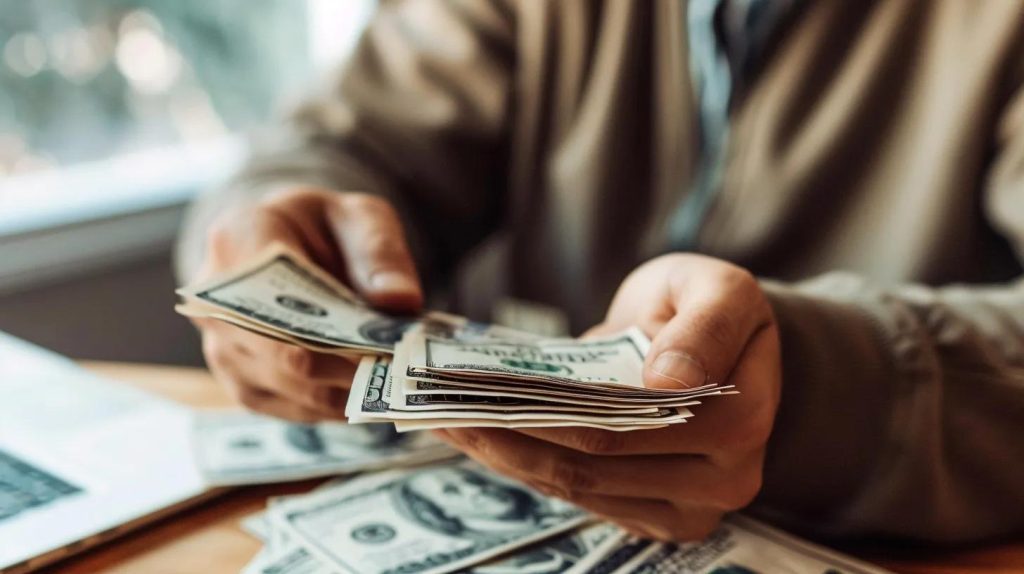 Person counting cash, holding dollar bills, illustrating the post-approval process for same-day cash advances in California.